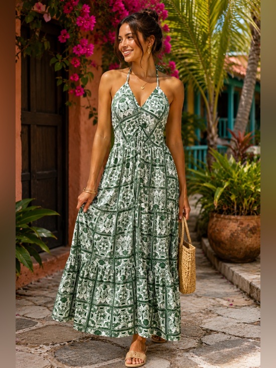 Monteau Los Angeles Dresses & Skirts - Monteau Los Angeles Green White Halter Maxi Dress Medium